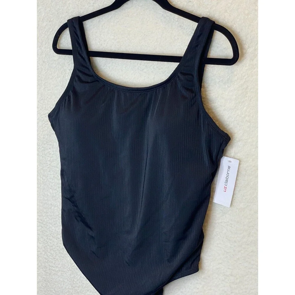 Liz Claiborne Woman One Piece Swimsuit Ribbed Size 14 Bathing Suit Black NEW - Picture 6 of 11